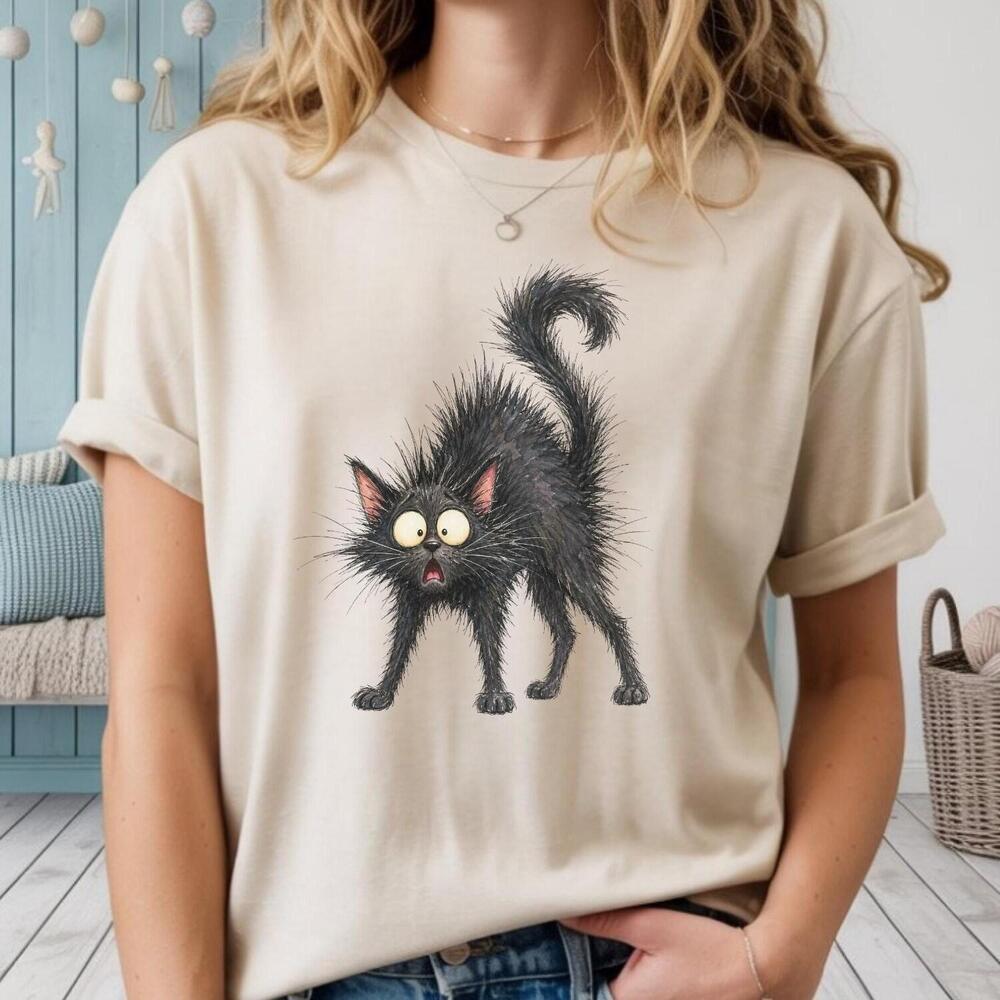 Black Cat Shirt Funny Scared Cat Tee, Halloween Cat T-Shirt, Spooky